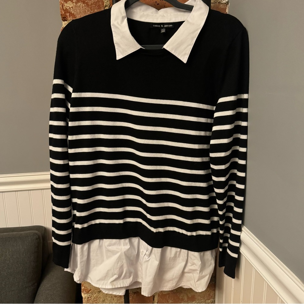 Cable & Gauge Collard Sweater Pullover Black & White Striped Size Large